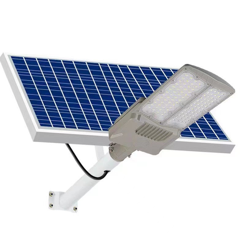 Lampa solara stradala Vivimall, pentru curte sau strada, cu doua grile, finisaj mat, rezistent la apa, montare prin fixare, senzor lumina, baterie de litiu, IP65, lumina rece, putere 500W, autonomie 10 ore, 55 x 23 x 9 cm, gri - vivimall.ro