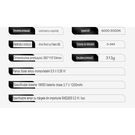 Lampa Solara De Exterior LED Vivimall, 36 cm x 11.5 cm, 2400Lumeni 100 COB LED 20 W - echivalent 160 W bec incadescent, IP65, Senzor de Miscare, Senzor de Lumina, 1 Grila, Alb Rece - vivimall.ro