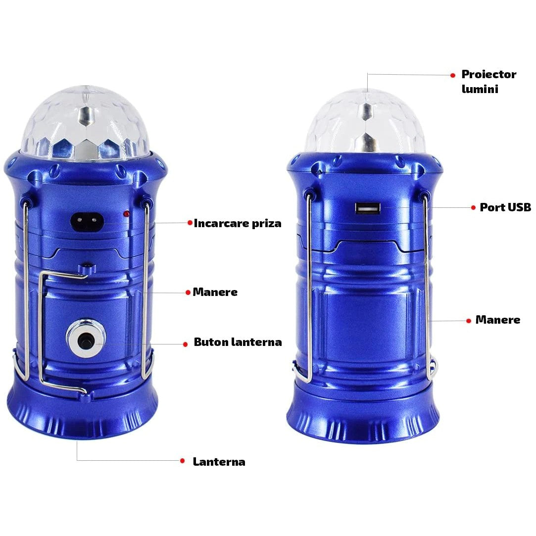 Lanternă pliabilă de camping Magic cool cu lampă disc și USB Vivimall, Lanterna, Felinar, Acumulator 1200 mAh, reincarcabila, 6 LED + 1 W + 3C culori, Albastru - vivimall.ro