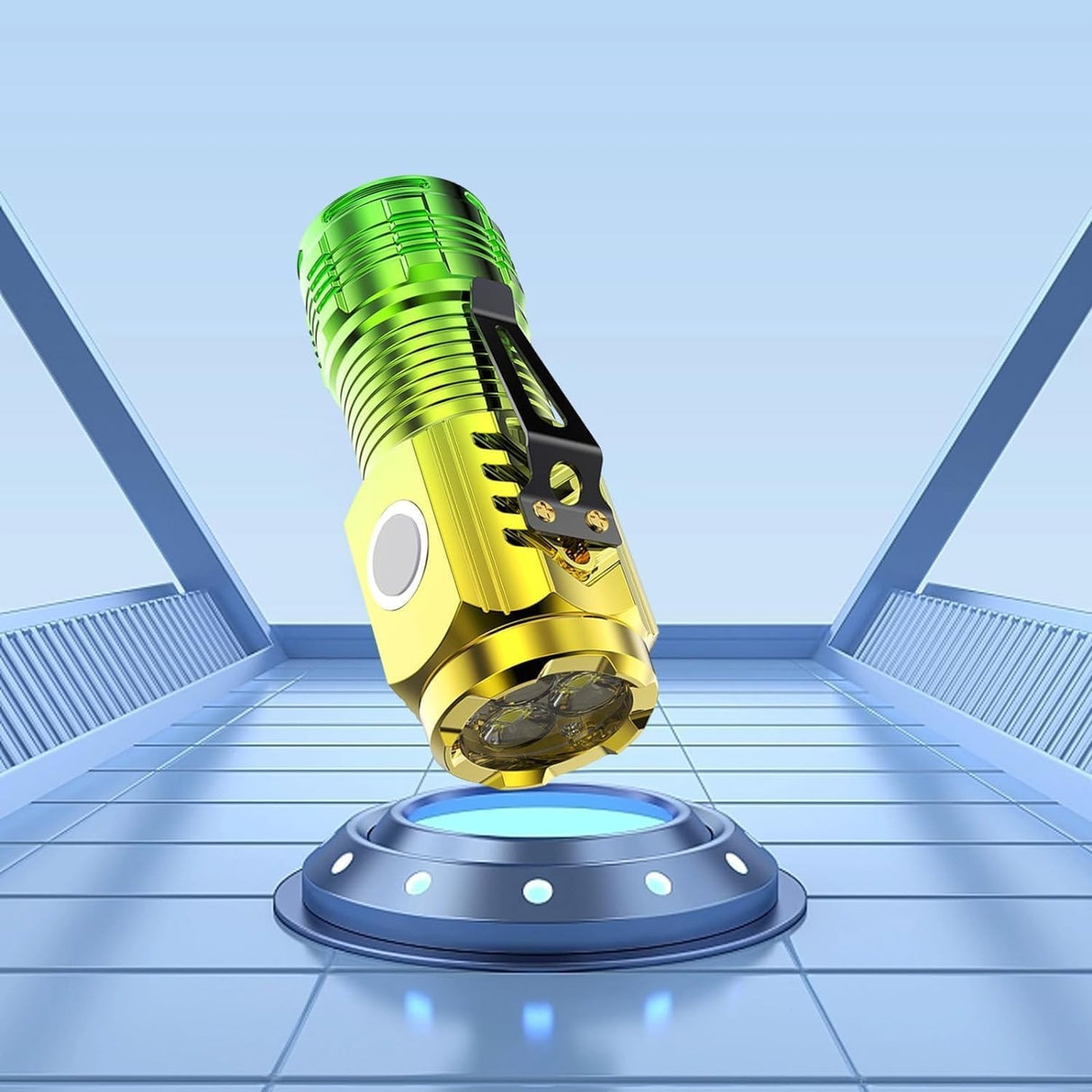 Lanterna cu 3 Nuclee Led, Vivimall, Incarcare USB, Autonomie 4-20h, Raza Maxima 100-200 m, 5W, 4 x 4 x 9 cm, Suport de Agatat, Fund Magnetic, Galben/Verde - vivimall.ro