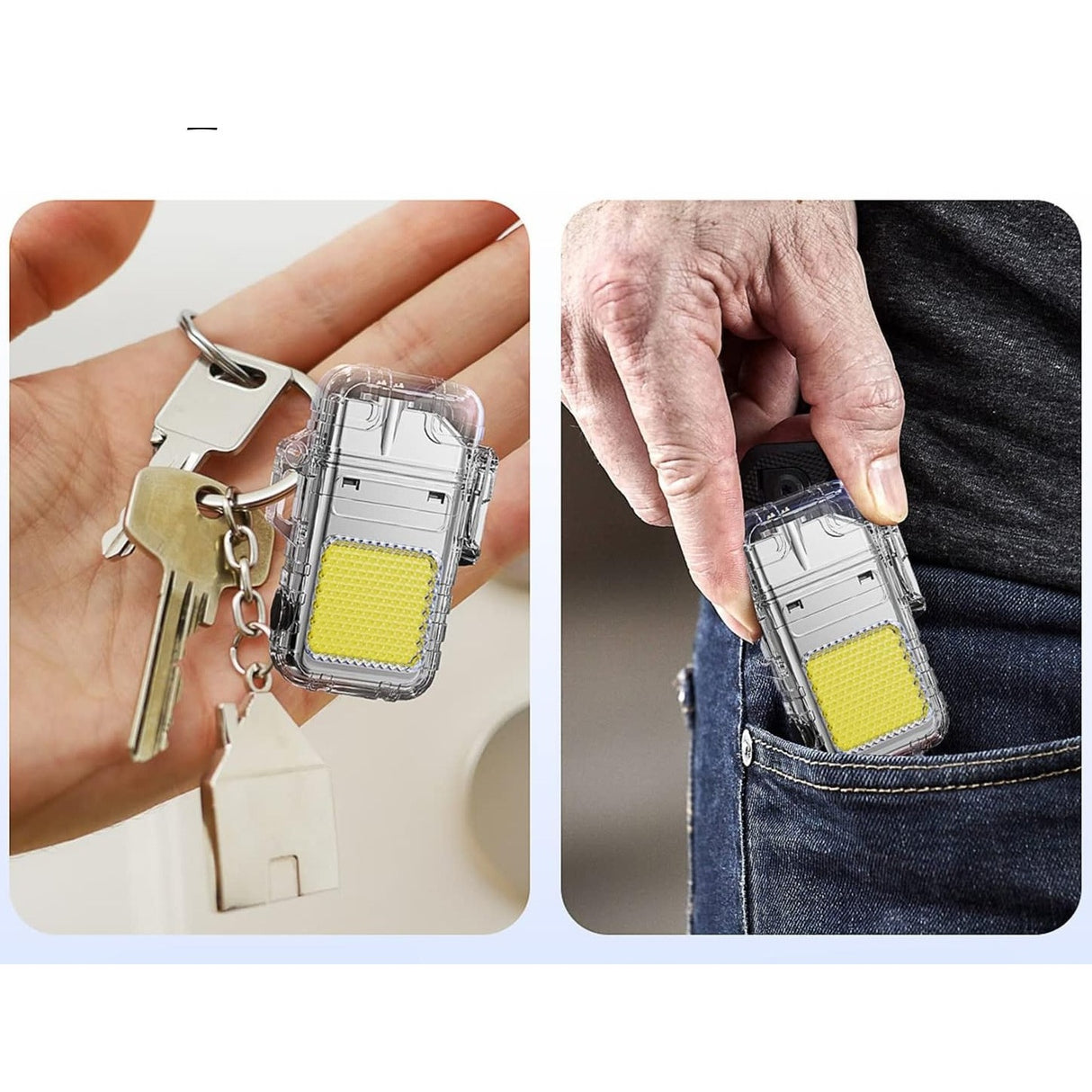 Kulcstartóra akasztható zseblámpa öngyújtóval, vízálló, 3 világítási mód, 300 mAh, USB-C töltés, Cob, hatótávolság 50 - 100 m 