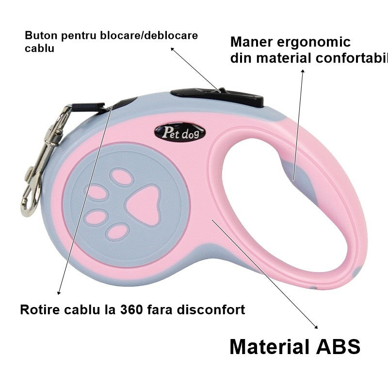 Lesa Automata Retractabila, Vivimall, pentru Caini, 5m, 20 kg, ABS, Roz/Gri, 8x12x4 cm - vivimall.ro