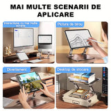 Suport ergonomic Flippy cu laptop deschis poziționat, unghi reglabil, utilizare la birou, gri închis