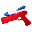 Pistol de jucărie roșu și albastru cu lansator de rachetă LED, vedere frontală, dimensiuni 21.5 cm, pentru copii 3+ ani
