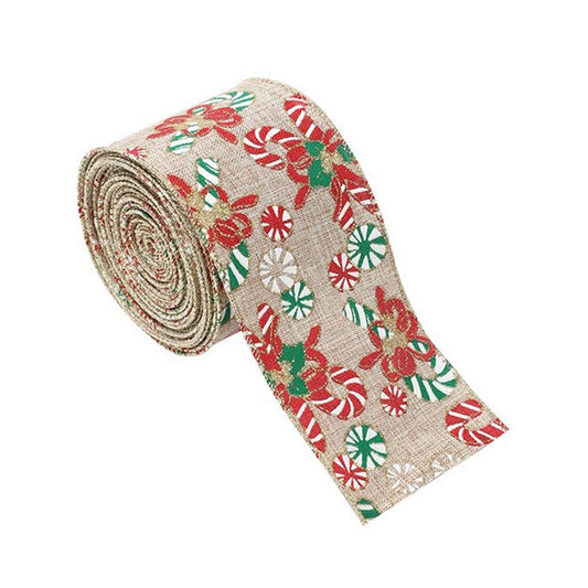 Panglica Decorativa pentru Craciun, Vivimall, Ornament pentru Brad de Craciun, Pretreceri, Panglica cu Design Acadele de Craciun, 200 x 6.3 cm, Khaki- - vivimall.ro