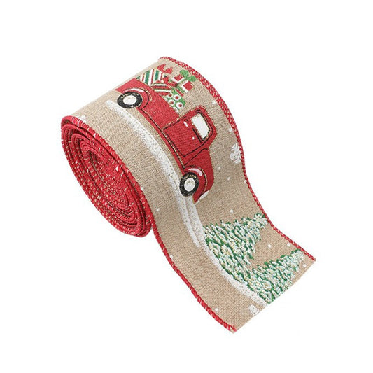 Panglica Decorativa pentru Craciun, Vivimall, Ornament pentru Brad de Craciun, Pretreceri, Panglica cu Design Masina Rosie, 200 x 6.3 cm, Khaki- - vivimall.ro