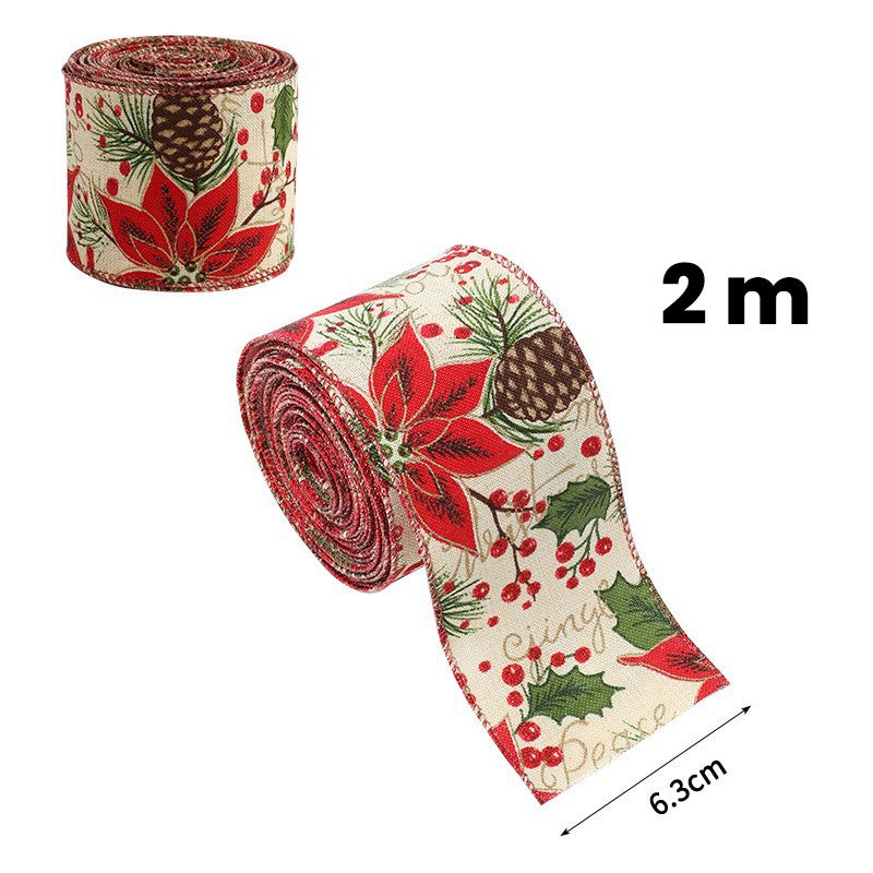 Panglica Decorativa pentru Craciun, Flippy, Ornament pentru Brad de Craciun, Pretreceri, Panglica cu Design Conuri si Floare Rosie, 200 x 6.3 cm, Khaki- - vivimall.ro