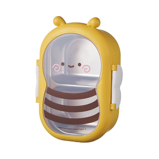 Cutie pentru Pranz, Vivimall, din PP si Otel Inoxidabil, Model Albina, 2 Compartimente, 301-500 ml, Galben - vivimall.ro
