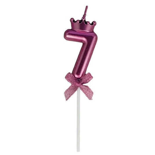 Lumanare Cifra 7, Vivimall, Model Coroana cu Fundita, Pentru Tort, 6 x 2.5 cm Mov - vivimall.ro