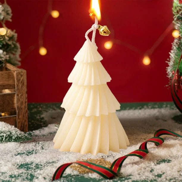 Lumanare de Craciun Parfumata, Flippy, Lumanare Rotativa cu Aromaterapie, Model Brad de Craciun forma Lunga, din Ceara de Soia, 11 x 8 x 8 cm, Alb - vivimall.ro