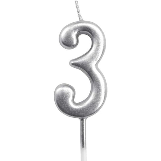 Lumanare de Tort, Vivimall, Model Cifra 3, Party, 4.5 x 2.5 cm, din Parafina, Argintiu - vivimall.ro