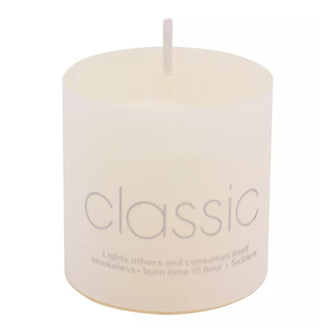 Lumanare Decorativa, Vivimall, din Parafina, Cilindrica, Fara Fum si Fara Parfum, 5 x 5 cm, 90 g, Ardere 12h, Ivory Alb - vivimall.ro