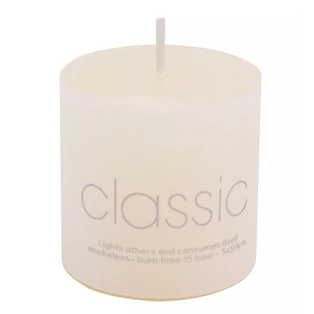 Lumanare Decorativa, Vivimall, din Parafina, Cilindrica, Fara Fum si Fara Parfum, 5 x 5 cm, 90 g, Ardere 12h, Ivory Alb - vivimall.ro