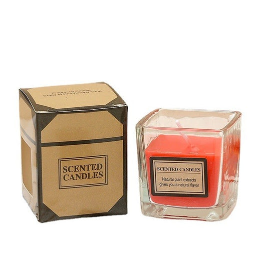 Lumânare parfumată în pahar transparent cu aromă de căpșuni, culoare roșie, vedere frontală, 4.8 x 5.5 cm