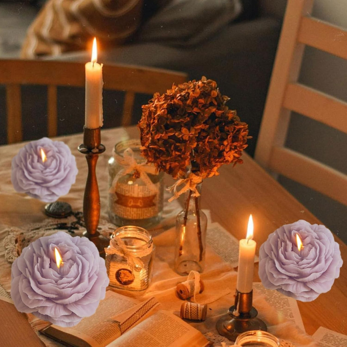 Lumanare Parfumata, Vivimall, Model Trandafir, Ardere 10h, 70 g, 7.5 x 3.5 cm, Parfum de Lavanda, Mov - vivimall.ro