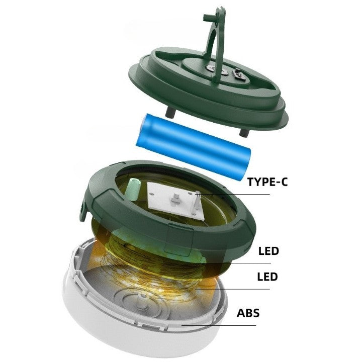 Lumină de camping LED încărcare USB, Vivimall, șir colorat, pentru aer liber, cort, Distanta 10 metri, 1800mAH, 10.5x4.3 cm, Alb Verde - vivimall.ro