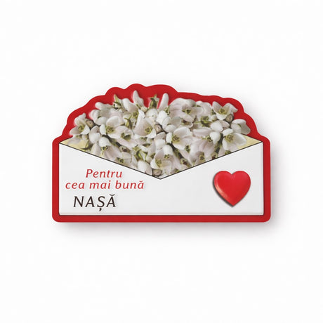 Set 24 magneți mărțișor Jolie cu mesaj Pentru cea mai bună nașă, carton laminat 8x6 cm, vedere frontală
