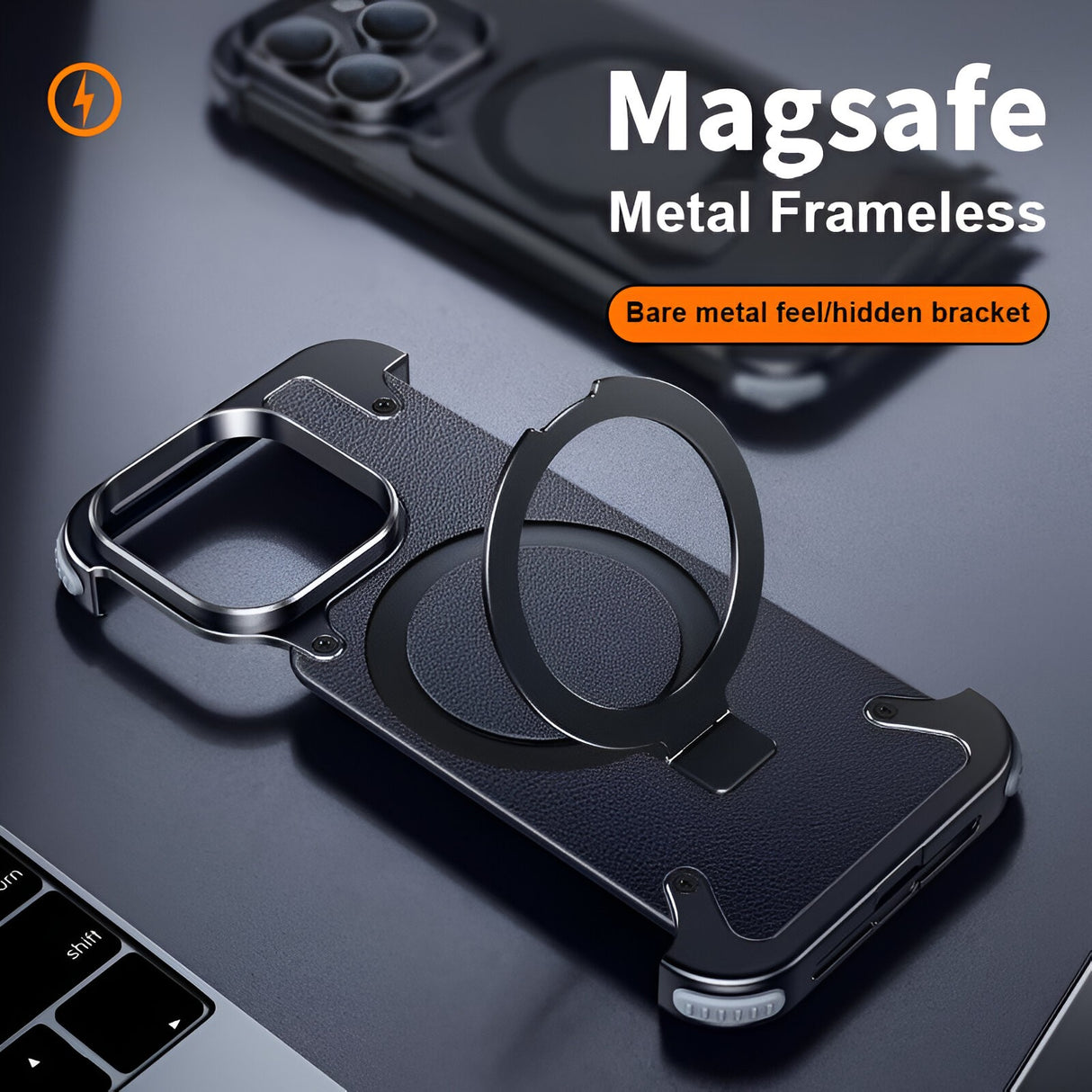 Husă din piele neagră pentru iPhone 15 Pro, compatibilitate încărcare wireless Qi, vedere spate