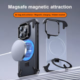 Husă iPhone 15 Pro cu ramă metalică și inel rotativ, poziționare orizontală pe suport magnetic