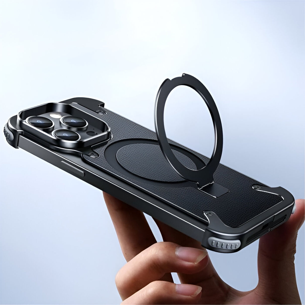 Husă MagSafe iPhone 15 Pro din piele cu inel 360 grade, poziție verticală funcție suport video
