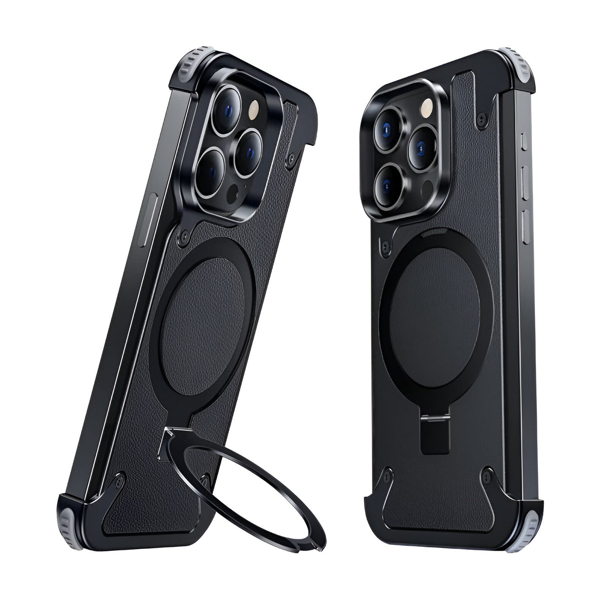Husă iPhone 15 Pro Max din piele neagră cu inel magnetic rotativ 360° și ramă metalică, vedere frontală