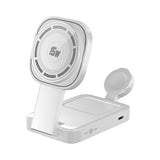 Stație de încărcare MagSafe 3 în 1 Vivimall, alb ivory, vedere frontală cu iPhone, iWatch și AirPods
