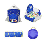 Set de Joaca pentru Copii, Vivimall, Model Racheta Spatiala, Set din 4 piese: Cort, Piscina cu Cos de Baschet, Tunel si Geanta de Transport, din Poliester, 135 x 105 x 105 cm, Albastru - vivimall.ro