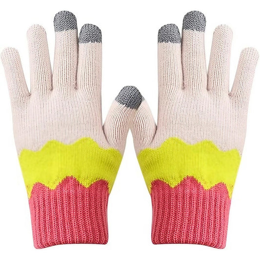 Manusi de Dama, Vivimall, Model Ondulat, Functie Touchscreen (ecran tactil), Material Acril Tricotat, Manseta Elastica, Interior Catifelat, Marime Universala, Galben/Roz - vivimall.ro