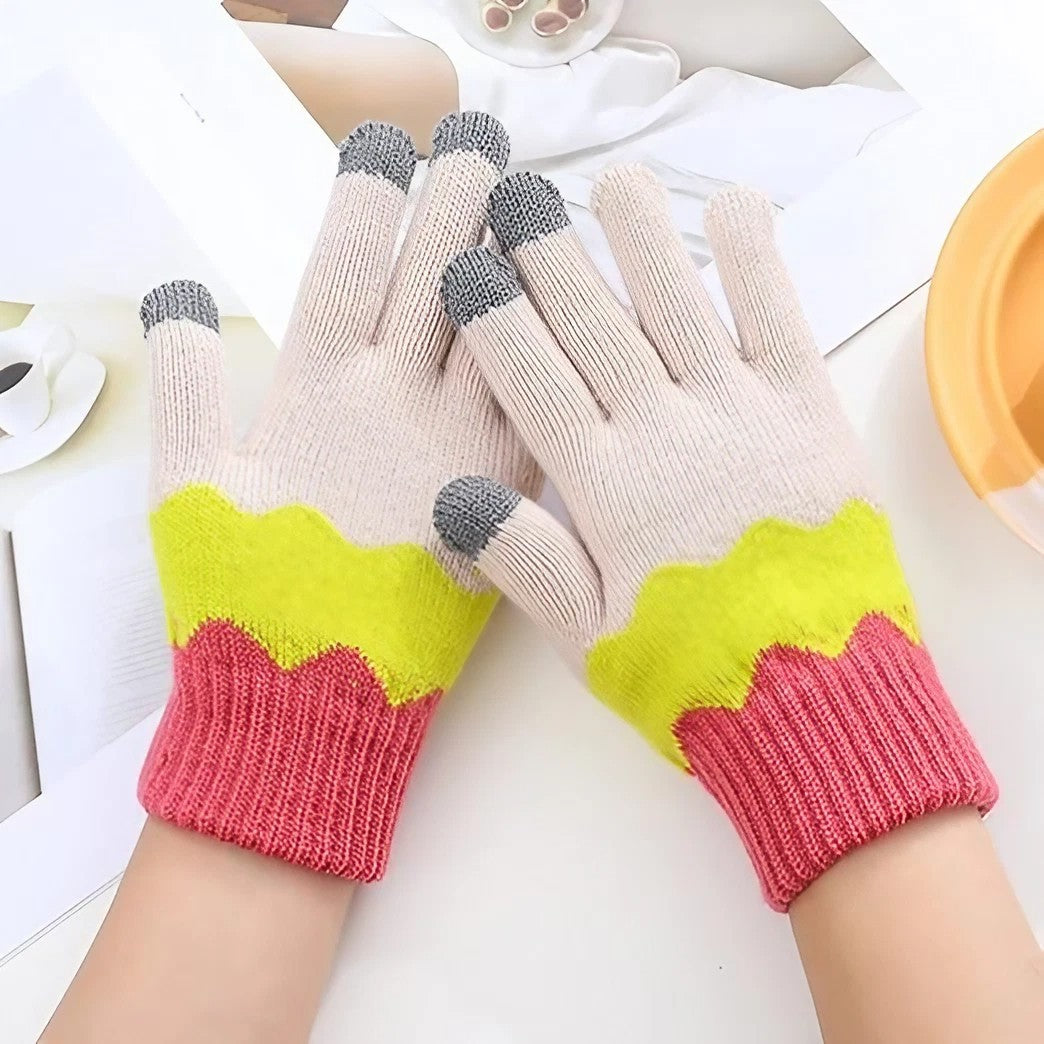 Manusi de Dama, Flippy, Model Ondulat, Functie Touchscreen (ecran tactil), Material Acril Tricotat, Manseta Elastica, Interior Catifelat, Marime Universala, Galben/Roz - vivimall.ro