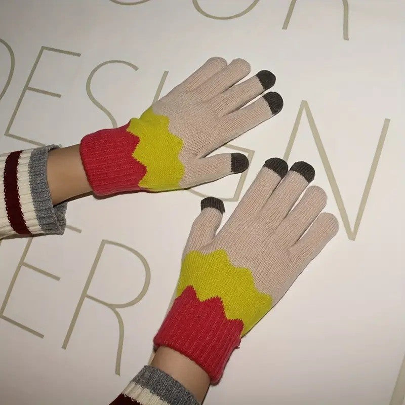 Manusi de Dama, Flippy, Model Ondulat, Functie Touchscreen (ecran tactil), Material Acril Tricotat, Manseta Elastica, Interior Catifelat, Marime Universala, Galben/Roz - vivimall.ro