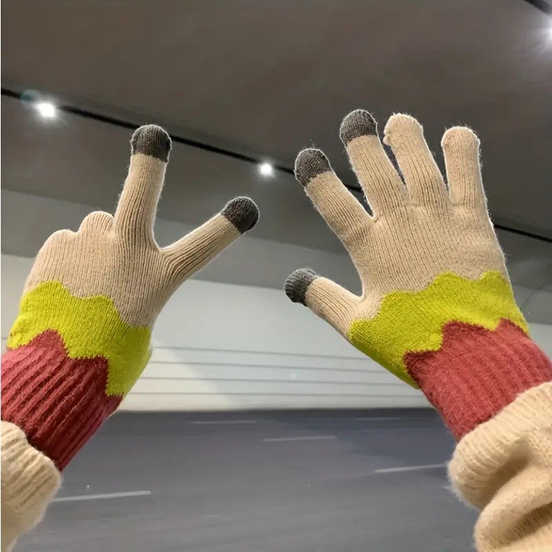 Manusi de Dama, Flippy, Model Ondulat, Functie Touchscreen (ecran tactil), Material Acril Tricotat, Manseta Elastica, Interior Catifelat, Marime Universala, Galben/Roz - vivimall.ro