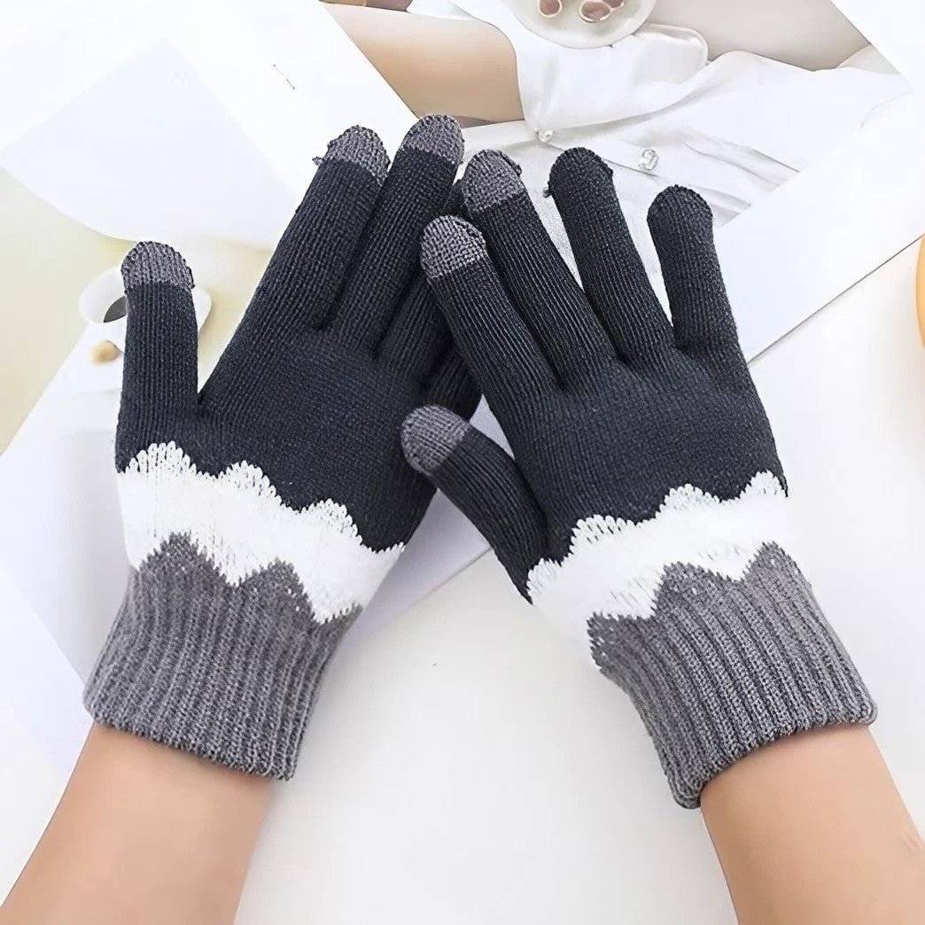 Manusi de Dama, Vivimall, Model Ondulat, Functie Touchscreen (ecran tactil), Material Acril Tricotat, Manseta Elastica, Interior Catifelat, Marime Universala, Gri/Alb - vivimall.ro