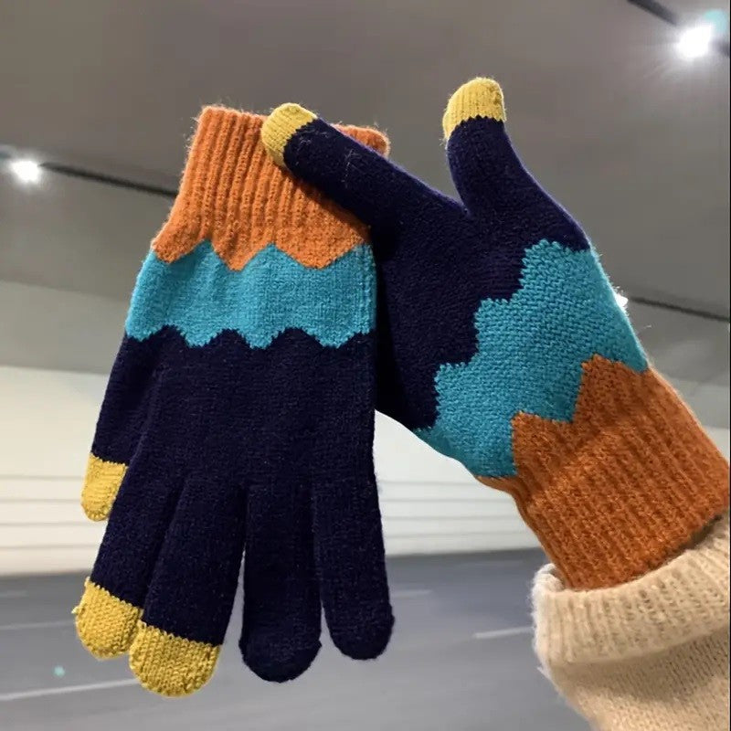 Manusi de Dama, Vivimall, Model Ondulat, Functie Touchscreen (ecran tactil), Material Acril Tricotat, Manseta Elastica, Interior Catifelat, Marime Universala, Portocaliu/Albastru - vivimall.ro