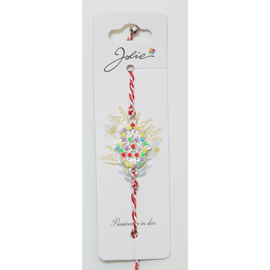 Martisor Bratara Alb-Rosu cu Pandantiv Metalic, Model 2 - vivimall.ro