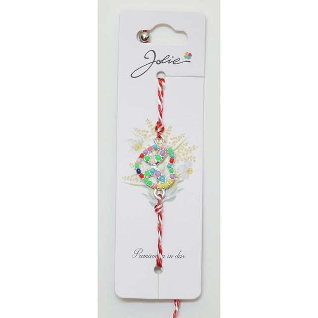 Martisor Bratara Alb-Rosu cu Pandantiv Metalic, Model 6 - vivimall.ro