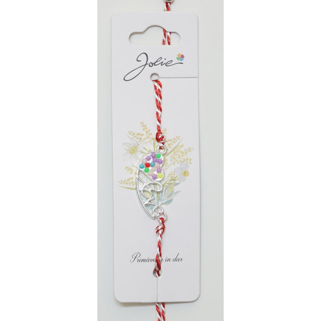 Martisor Bratara Alb-Rosu cu Pandantiv Metalic, Model 7 - vivimall.ro