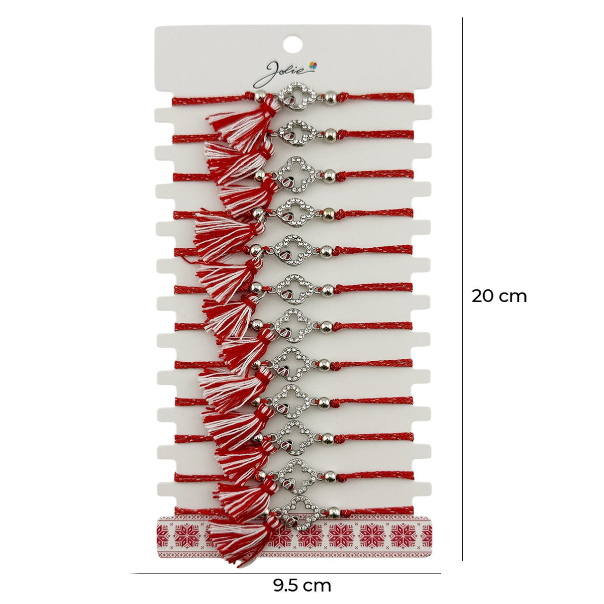 Martisor Bratara cu Ciucure pentru Dama, Jolie, Model Trifoi Contur cu Buburuza, Set 12 bucati, Pandativ din Inox cu Pietre, Snur Reglabil, Rosu/Alb - vivimall.ro