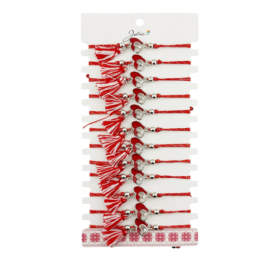Set 12 brățări mărțișor Jolie model două inimi, pandantiv inox cu piatră, șnur roșu/alb, vedere de ansamblu