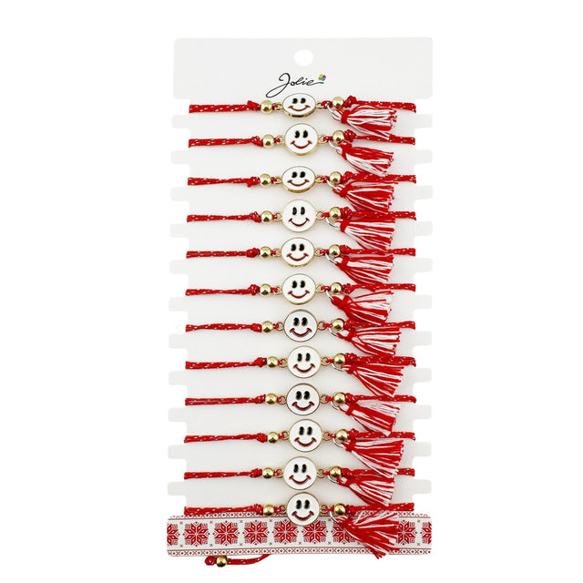 Martisor Bratara cu Ciucure pentru Dama, Jolie, Model Fata Zambitoare, Set 12 bucati, Pandativ din Inox, Snur Reglabil, Rosu/Alb - vivimall.ro