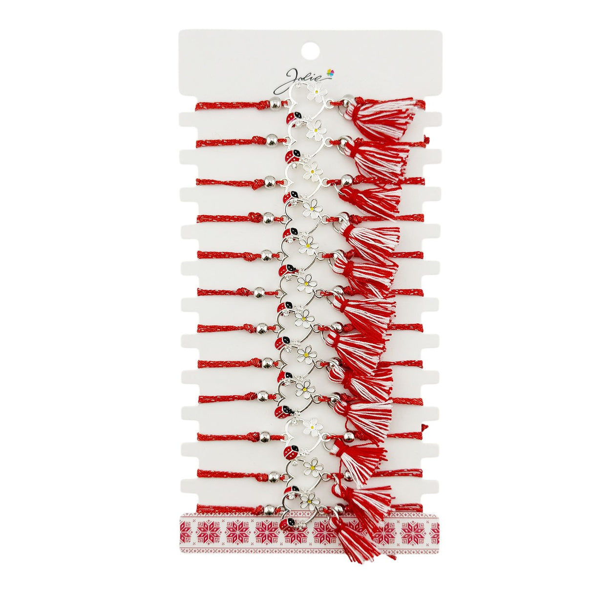 Martisor Bratara cu Ciucure pentru Dama, Jolie, Model Inima cu Floare Alba, Set 12 bucati, Pandativ din Inox cu Piatra, Snur Reglabil, Rosu/Alb - vivimall.ro