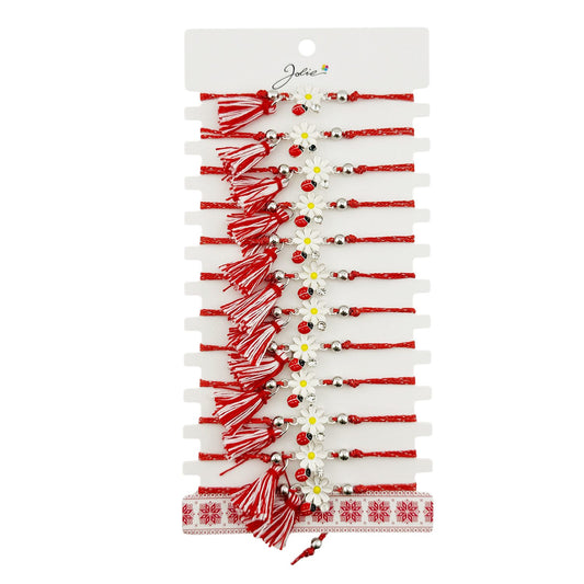Martisor Bratara cu Ciucure pentru Dama, Jolie, Model Margareta cu Buburuza, Set 12 bucati, Pandativ din Inox, Snur Reglabil, Rosu/Alb - vivimall.ro