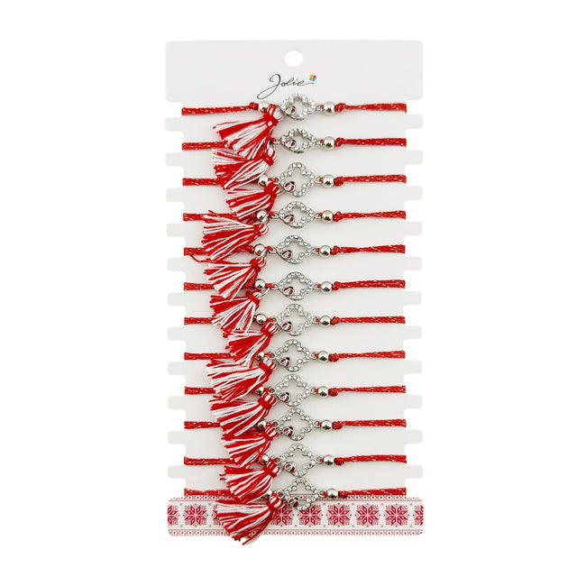 Martisor Bratara cu Ciucure pentru Dama, Jolie, Model Trifoi Contur cu Buburuza, Set 12 bucati, Pandativ din Inox cu Pietre, Snur Reglabil, Rosu/Alb - vivimall.ro