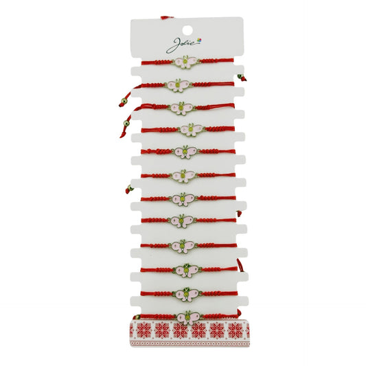 Martisor Bratara pentru Dama si Copii, Jolie, Model Fluture Vesel, Set 12 bucati, Pandantiv Emailat Roz, Snur Reglabil, Rosu - vivimall.ro