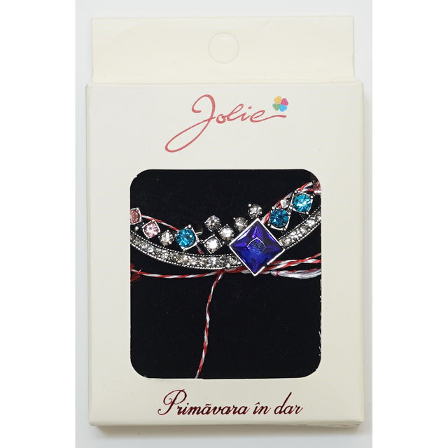 Broșă mărțișor multicoloră din metal, model floral decorativ, dimensiune aproximativ 5 cm, vedere frontală