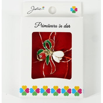 Martisor Brosa Mica in Cutie, Dimensiune Brosa 2.5-3 cm, Material Metal, Model Ghiocel cu Fundita Rosu/Verde - vivimall.ro