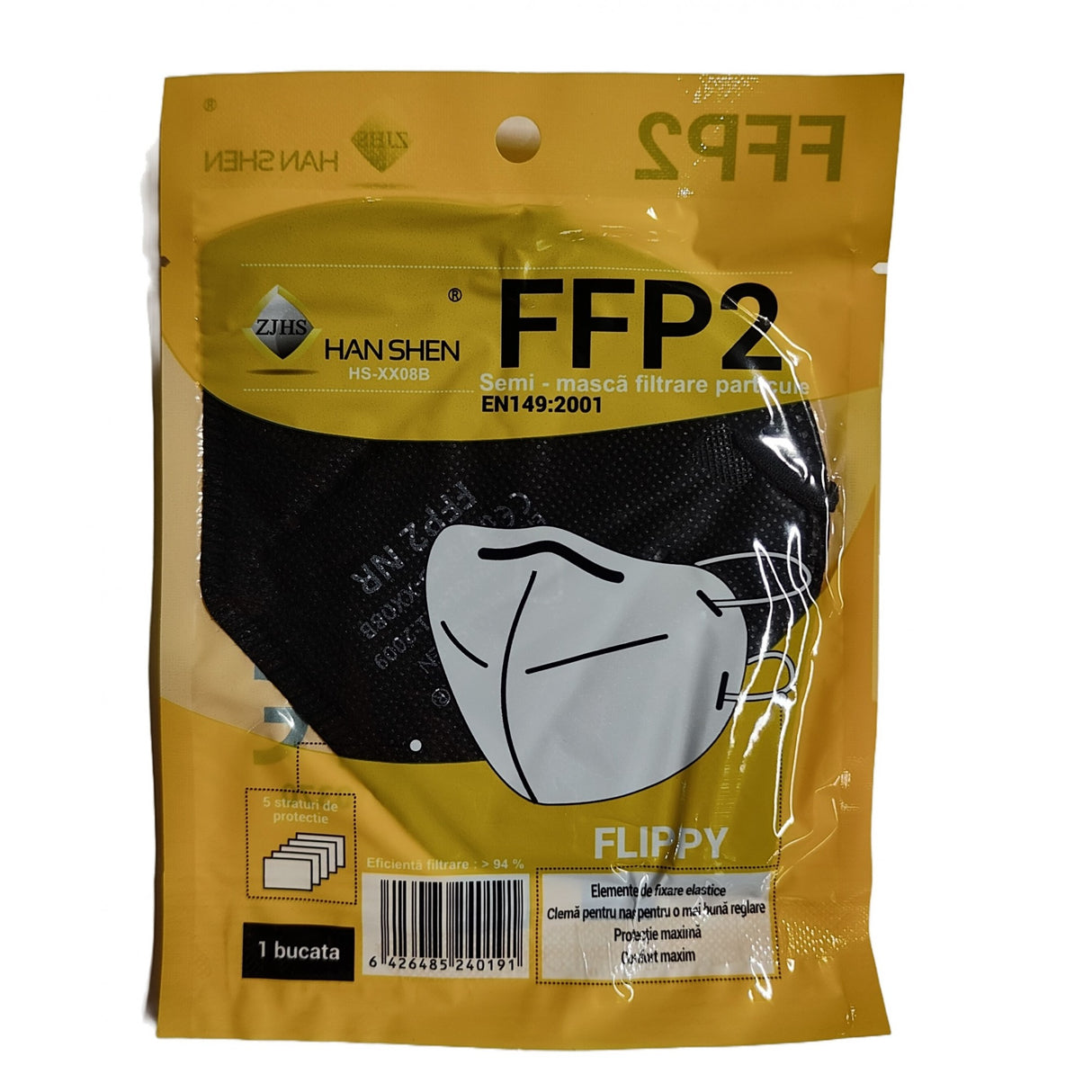 Arcvédő maszk, egyszer használatos, Ffp2, Kn95, 5 rétegű Fpp2, Nesterila, egyedi csomagolás, Ce 0370 