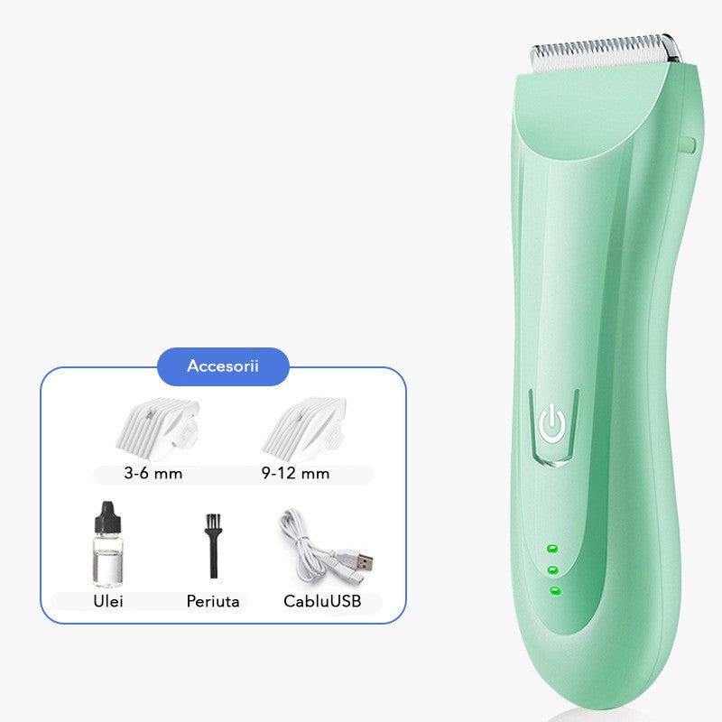 Mașină de tuns copii Vivimall cu funcție anti-tăiere, 2 accesorii incluse și încărcător USB, detaliu lateral