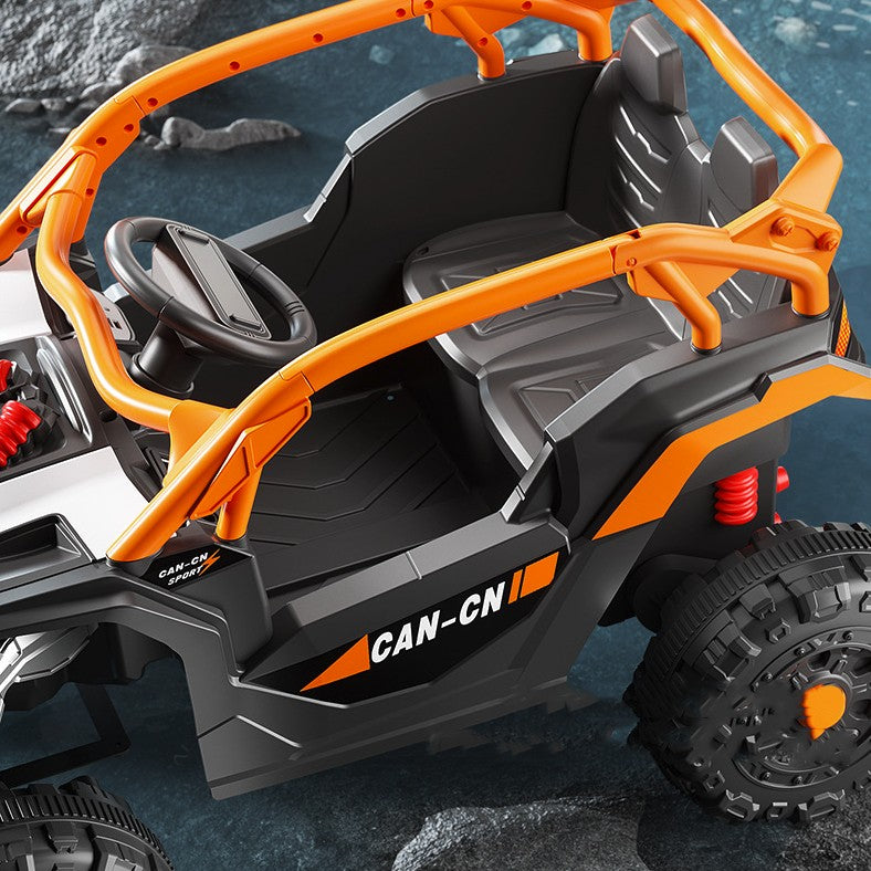 Masina Electrica pentru Copii, Vivimall, Tip Buggy/UTV Off-Road Dual Drive, Conectare Bluetooth, Telecomanda, Lumina Intermitenta si Muzica, Baterie 380*2, 6V 7Ah, 97 x 62 x 58 cm, Portocaliu Negru - vivimall.ro