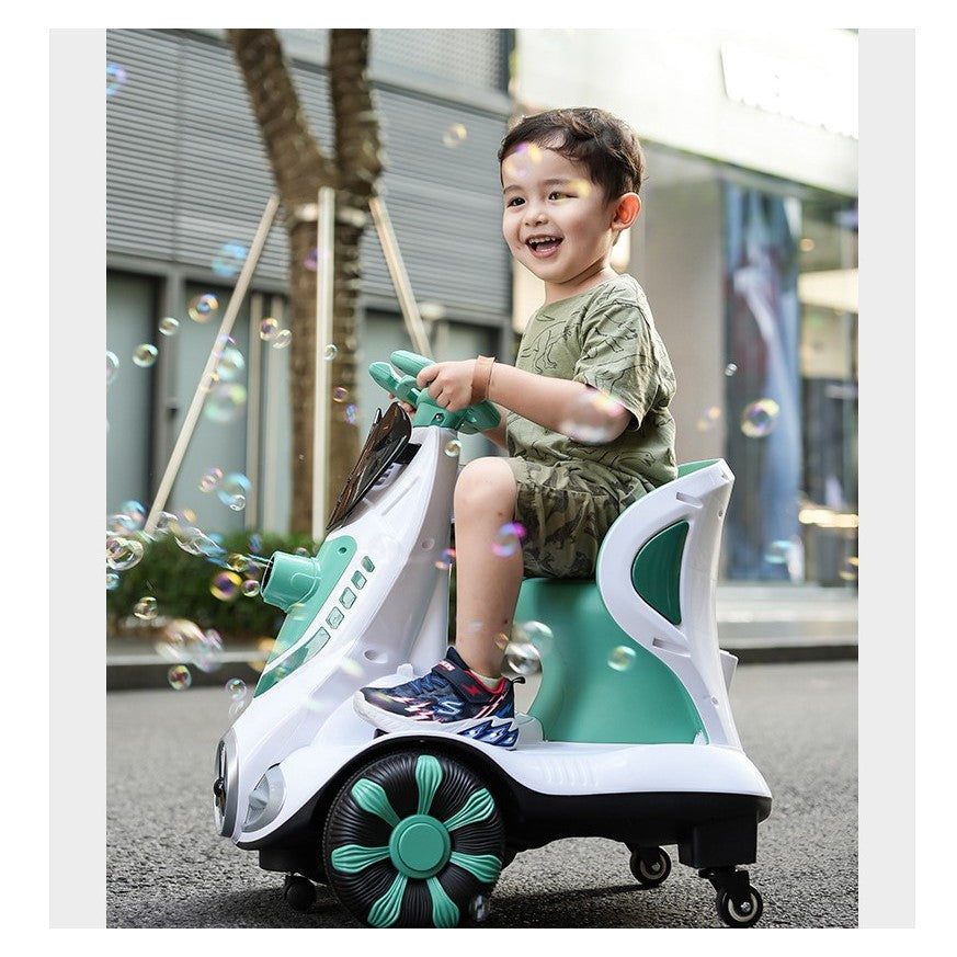 Masinuta electrica cu telecomanda pentru copii, Vivimall, roti spate rotire 360, curea siguranta, baloane de sapun, lumini si sunete, self control si prin telecomanda, cu pedale de acceleratie si frana, verde - vivimall.ro