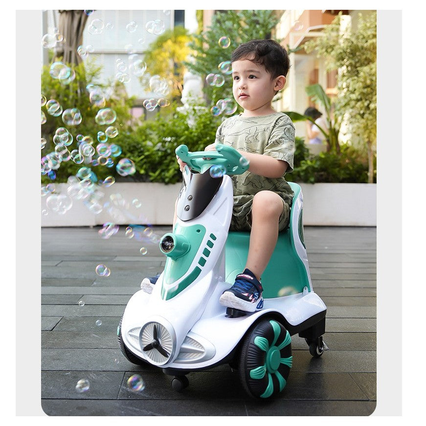 Masinuta electrica cu telecomanda pentru copii, Vivimall, roti spate rotire 360, curea siguranta, baloane de sapun, lumini si sunete, self control si prin telecomanda, cu pedale de acceleratie si frana, verde - vivimall.ro